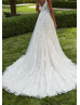 Beaded Spaghetti Straps Ivory 3D Lace Tulle Slit Chic Wedding Dress